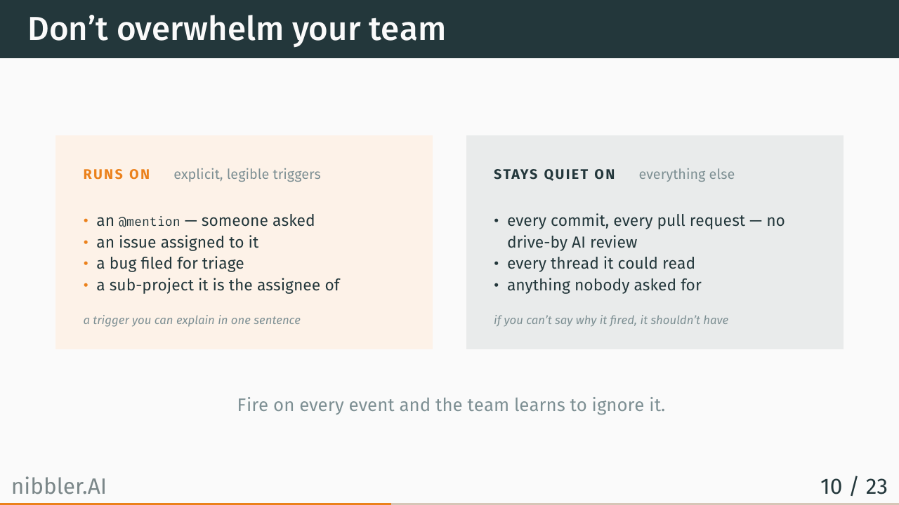 Don't overwhelm your team: runs on vs stays quiet on