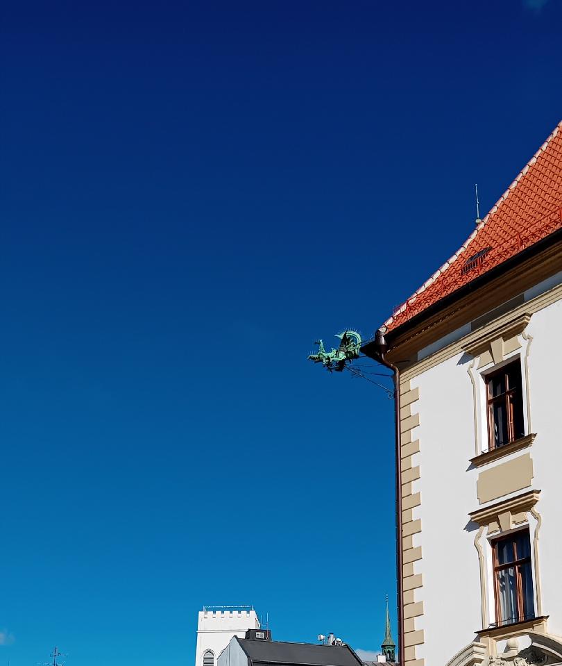 J. Králová: Chrlič, radnice Olomouc. Chrliče se převážně tesaly z kamene, ale najdeme i plechové. Olomoucká radnice má na každém svém rohu právě jako chrliče od roku 1588 umístěné draky z tepaného měděného plechu (https://www.vmo.cz/download/185/ZVMO_1961_097.pdf external link )